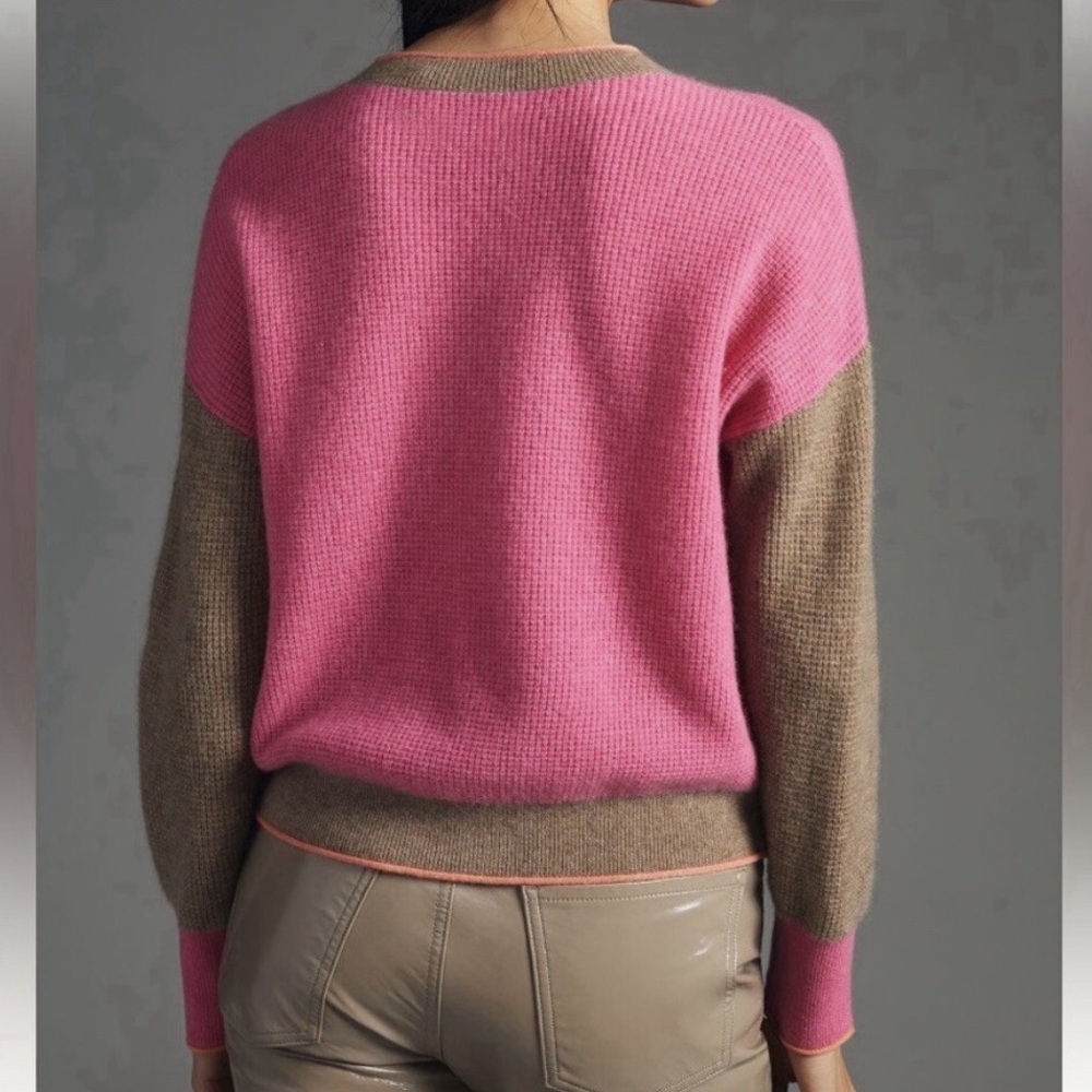 Maeve Anthropologie 100% Cashmere Colorblock Sweater Waffle Knit Pink Large - Picture 2 of 14
